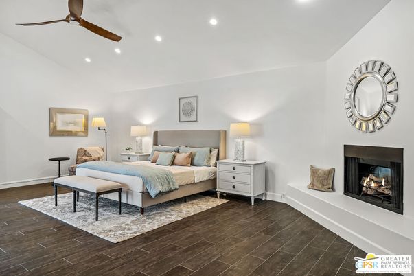 Bedroom, Fireplace, Interior, Recessed Lighting, Wood Texture Flooring