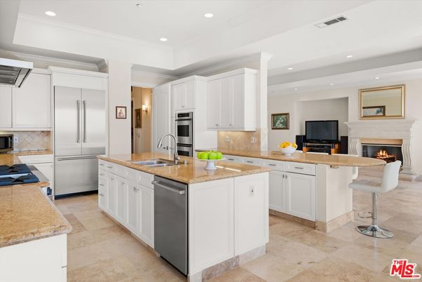Fireplace, Interior, Kitchen, Recessed Lighting, Stainless Steel Appliances
