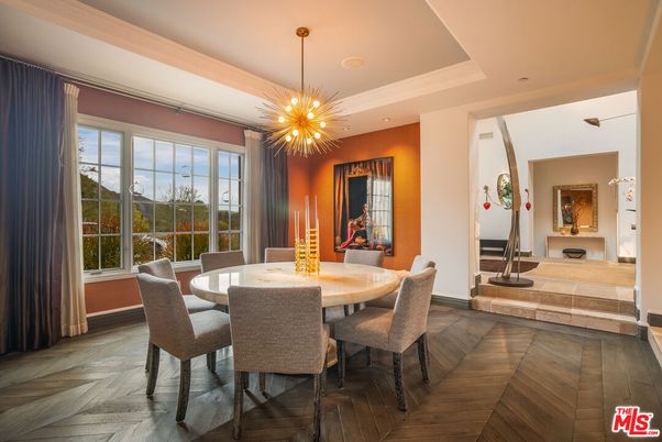 Dining room, Fireplace, Interior, Pendant Lights, Recessed Lighting, Wood Texture Flooring