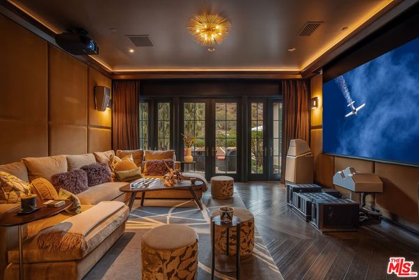 Interior, Living room, Projection Screen, Recessed Lighting, Theatre Room, Wood Texture Flooring, Wooden Walls