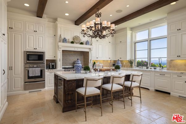 Chandelier, Interior, Kitchen, Recessed Lighting, Stainless Steel Appliances, Wooden Beams