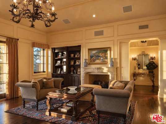 Chandelier, Fireplace, Interior, Living room, Recessed Lighting, Wood Texture Flooring