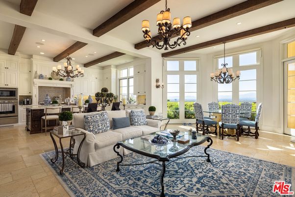 Chandelier, Dining room, Interior, Kitchen, Living room, Recessed Lighting, Stainless Steel Appliances, Water, Wooden Beams