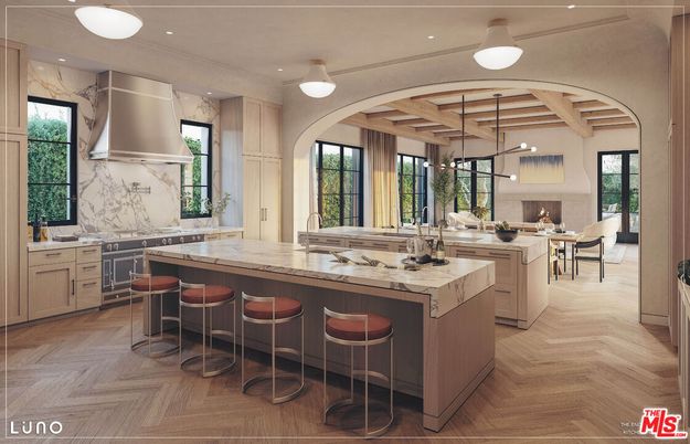 Dining room, Interior, Kitchen, Marble Walls, Pendant Lights, Recessed Lighting, Wooden Beams, Wooden Ceilings, Wood Texture Flooring