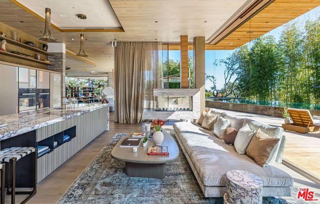Fireplace, Interior, Living room, Pendant Lights, Recessed Lighting, Wooden Ceilings, Wood Texture Flooring