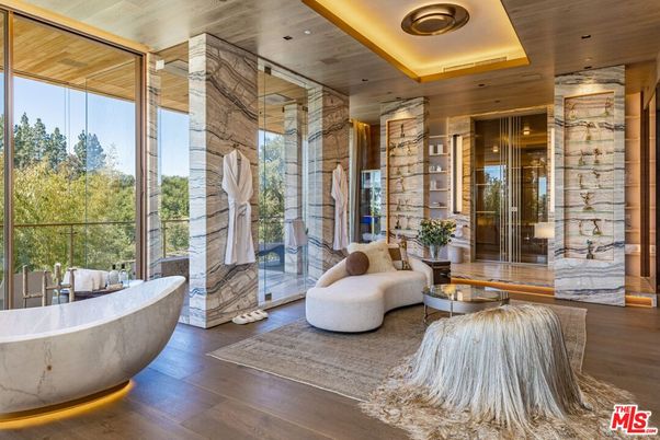 Bathroom, Free Standing Baths, Interior, Recessed Lighting, Wood Texture Flooring, Wooden Walls