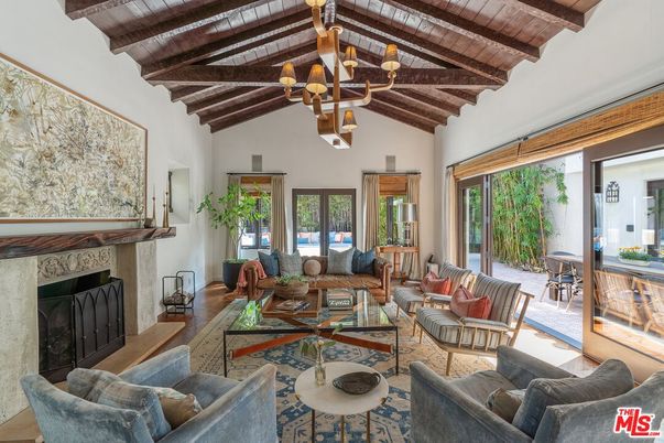 Chandelier, Dining room, Fireplace, Interior, Living room, Wooden Beams, Wooden Ceilings, Wood Texture Flooring