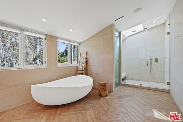Bathroom, Free Standing Baths, Glass Shower, Interior, Recessed Lighting, Wood Texture Flooring
