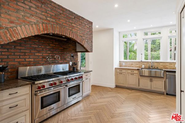 Interior, Kitchen, Recessed Lighting, Stainless Steel Appliances, Stone Walls, Wood Texture Flooring