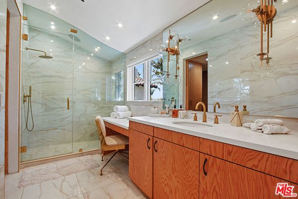 Bathroom, Glass Shower, Interior, Marble, Marble Walls, Recessed Lighting