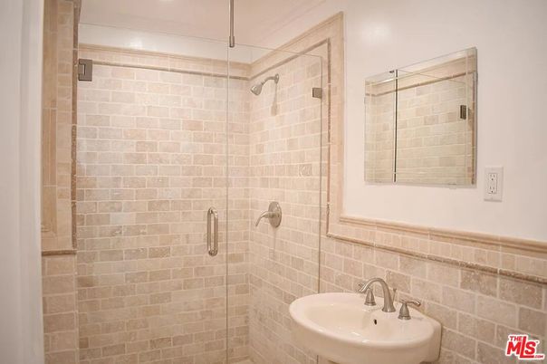Bathroom, Glass Shower, Interior, Recessed Lighting, Stone Walls