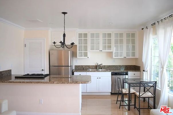 Chandelier, Interior, Kitchen, Pendant Lights, Stainless Steel Appliances, Wood Texture Flooring