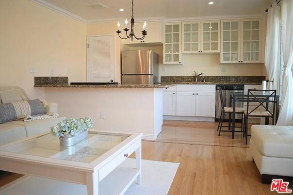 Chandelier, Dining room, Interior, Kitchen, Recessed Lighting, Stainless Steel Appliances, Wood Texture Flooring