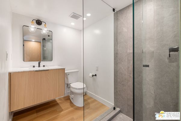 Bathroom, Glass Shower, Interior, Recessed Lighting, Wood Texture Flooring