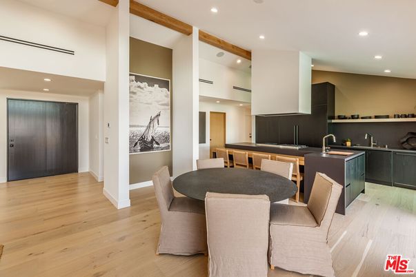 Dining room, Interior, Kitchen, Recessed Lighting, Wooden Beams, Wood Texture Flooring
