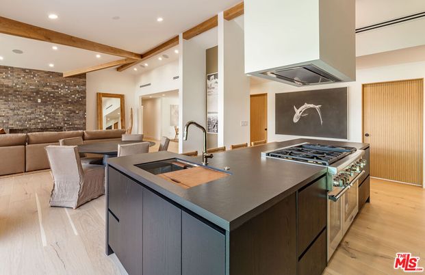 Interior, Kitchen, Living room, Recessed Lighting, Stainless Steel Appliances, Stone Walls, Wooden Beams, Wood Texture Flooring