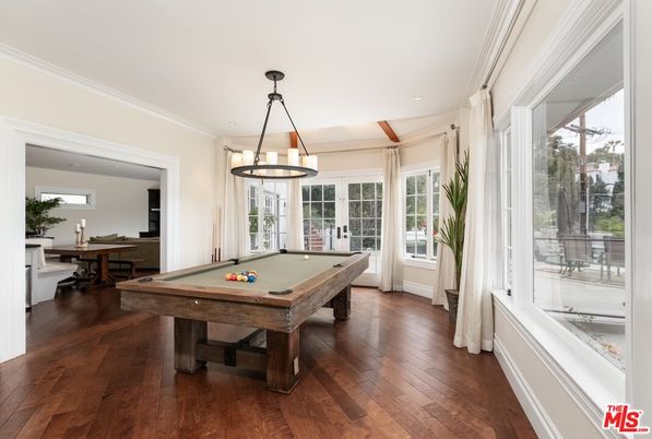 Billiard Table, Game Room, Interior, Pendant Lights, Recessed Lighting, Wood Texture Flooring