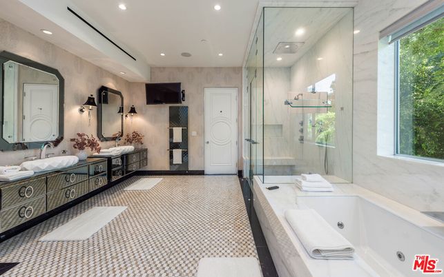 Bathroom, Dual Sink Vanities, Glass Shower, Interior, Marble Walls, Recessed Lighting