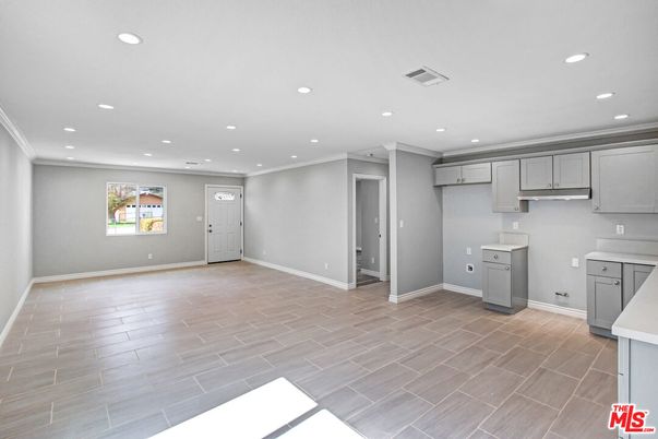 Empty room, Interior, Kitchen, Recessed Lighting, Wood Texture Flooring