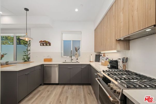 Interior, Kitchen, Pendant Lights, Recessed Lighting, Stainless Steel Appliances, Wood Texture Flooring