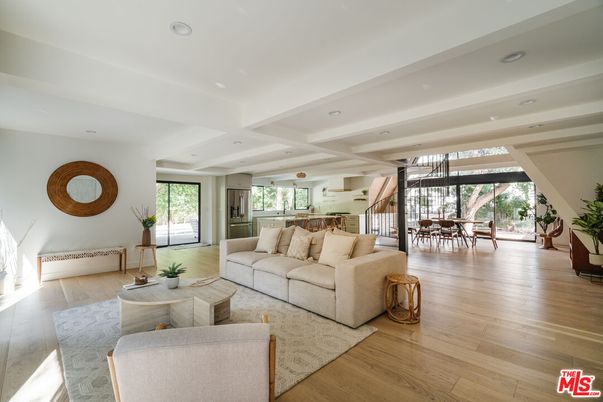 Dining room, Interior, Kitchen, Living room, Recessed Lighting, Stainless Steel Appliances, Wood Texture Flooring