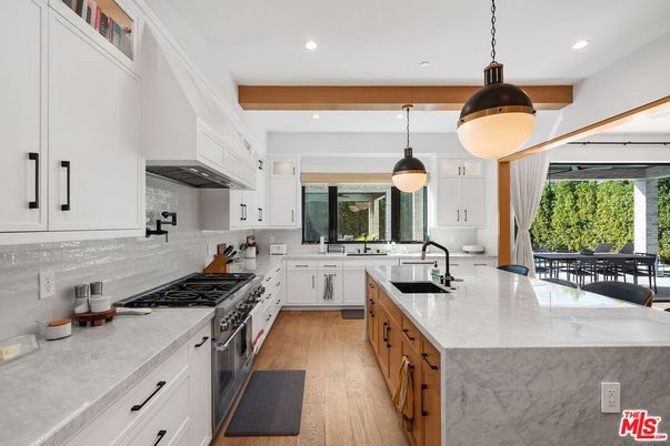 Interior, Kitchen, Pendant Lights, Recessed Lighting, Stainless Steel Appliances, Wooden Beams, Wood Texture Flooring