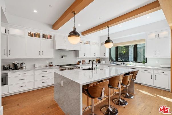 Interior, Kitchen, Pendant Lights, Recessed Lighting, Stainless Steel Appliances, Wooden Beams, Wood Texture Flooring