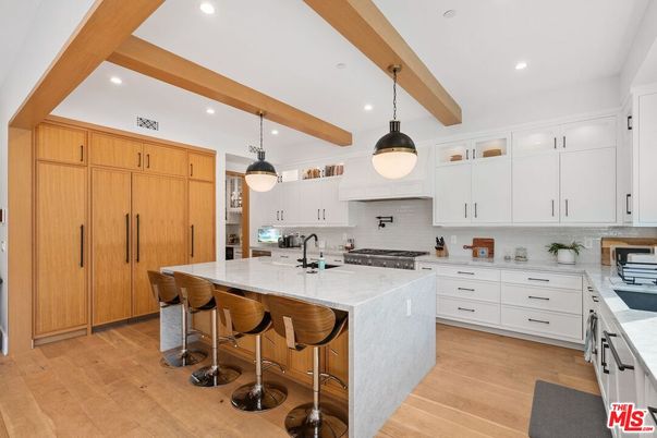 Interior, Kitchen, Pendant Lights, Recessed Lighting, Stainless Steel Appliances, Wooden Beams, Wood Texture Flooring