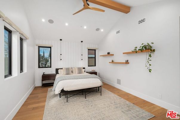 Bedroom, Interior, Recessed Lighting, Wooden Beams, Wood Texture Flooring