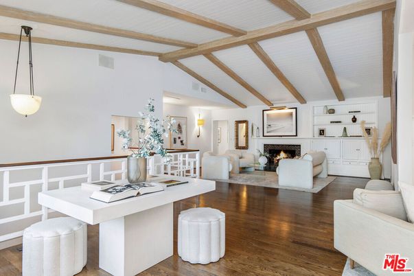 Fireplace, Interior, Living room, Pendant Lights, Wooden Beams, Wood Texture Flooring