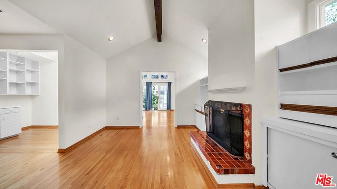 Fireplace, Interior, Recessed Lighting, Wooden Beams, Wood Texture Flooring