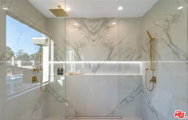 Bathroom, Glass Shower, Interior, Marble, Marble Walls, Recessed Lighting