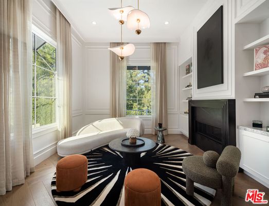 Fireplace, Interior, Pendant Lights, Recessed Lighting, Wood Texture Flooring