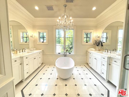 Bathroom, Chandelier, Dual Sink Vanities, Free Standing Baths, Interior, Marble, Recessed Lighting