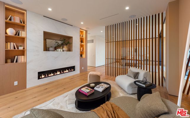 Fireplace, Interior, Living room, Recessed Lighting, Wood Texture Flooring