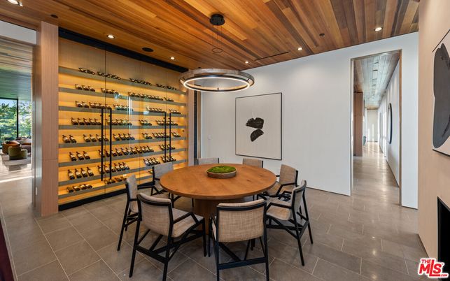 Dining room, Interior, Pendant Lights, Recessed Lighting, Wine Storage, Wooden Ceilings
