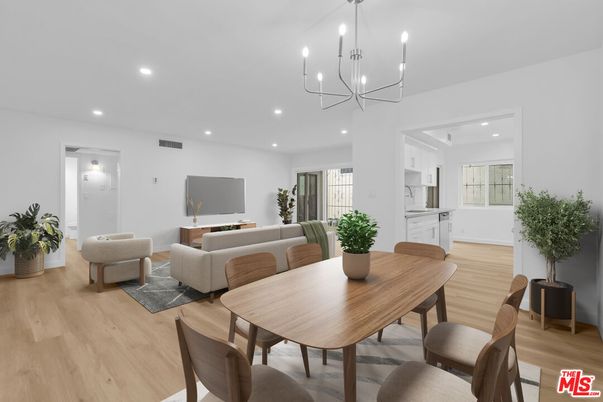 Chandelier, Dining room, Interior, Living room, Recessed Lighting, Wood Texture Flooring