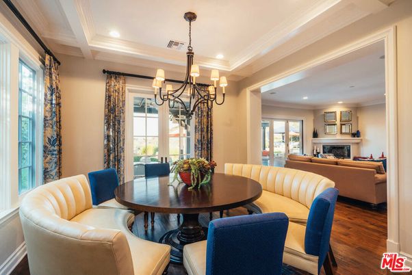 Chandelier, Dining room, Fireplace, Interior, Living room, Recessed Lighting, Wood Texture Flooring