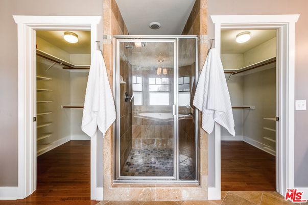 Bathroom, Glass Shower, Interior, Walk-in Closets, Wood Texture Flooring