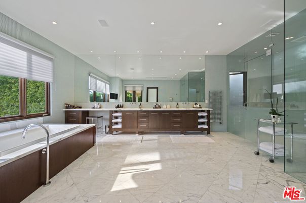 Bathroom, Dual Sink Vanities, Glass Shower, Interior, Marble, Recessed Lighting