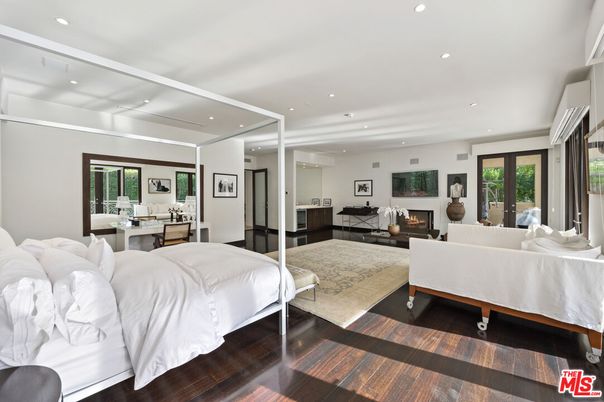 Bedroom, Fireplace, Interior, Living room, Recessed Lighting, Wood Texture Flooring