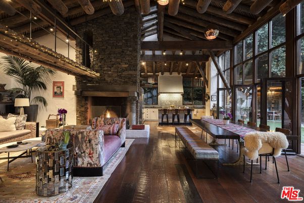 Dining room, Fireplace, Interior, Living room, Stone Walls, Wooden Beams, Wood Texture Flooring