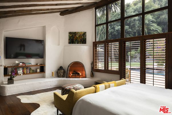 Bedroom, Fireplace, Interior, Wooden Beams, Wood Texture Flooring