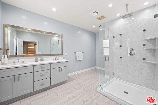 Bathroom, Dual Sink Vanities, Glass Shower, Interior, Recessed Lighting