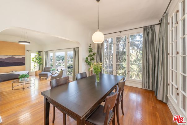 Dining room, Interior, Living room, Pendant Lights, Wood Texture Flooring