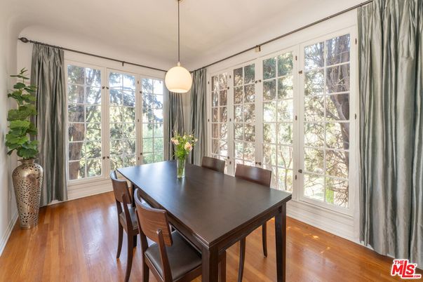 Dining room, Interior, Pendant Lights, Wood Texture Flooring