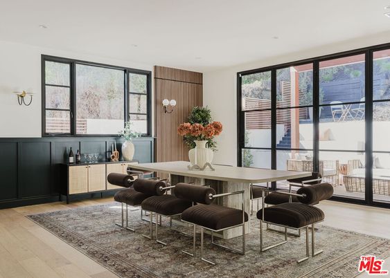 Dining room, Interior, Pendant Lights, Recessed Lighting, Wood Texture Flooring