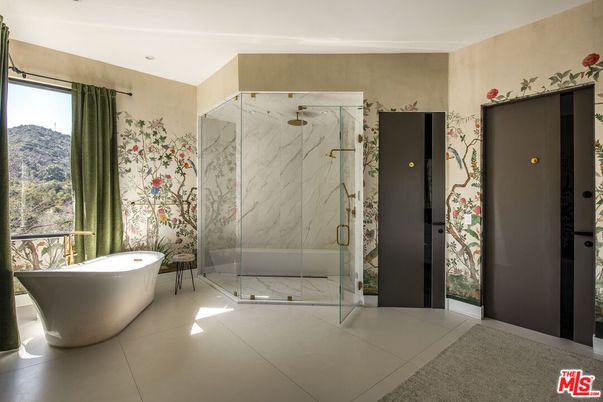 Bathroom, Free Standing Baths, Glass Shower, Interior, Marble Walls, Recessed Lighting