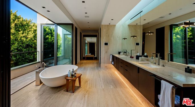 Bathroom, Dual Sink Vanities, Free Standing Baths, Glass Shower, Interior, Pendant Lights, Recessed Lighting, Wood Texture Flooring