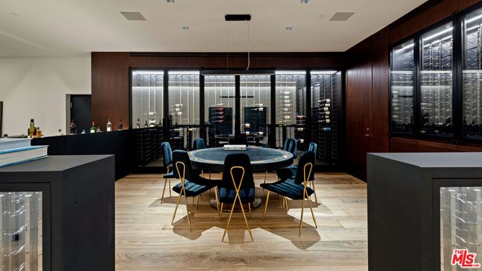 Dining room, Interior, Pendant Lights, Recessed Lighting, Wine Storage, Wood Texture Flooring